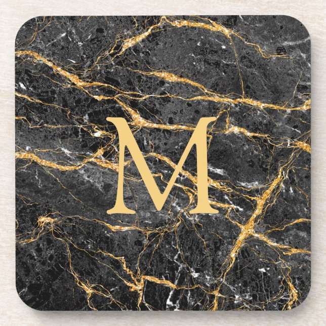 Elegant Black Gold Marble Monogram  Coaster (Front)