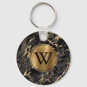 Elegant Black Gold Marble Monogram Key Ring