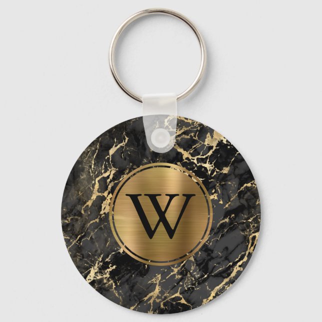 Elegant Black Gold Marble Monogram Key Ring (Front)