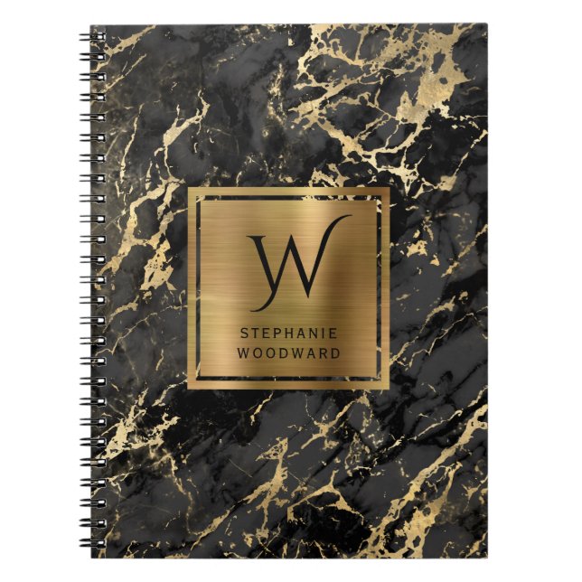 Elegant Black Gold Marble Monogram Notebook (Front)