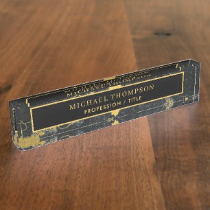 Elegant Black Gold Marble Personalised Name Nameplate