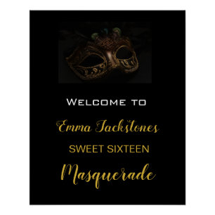 Elegant Black & Gold Masquerade Birthday Welcome Poster