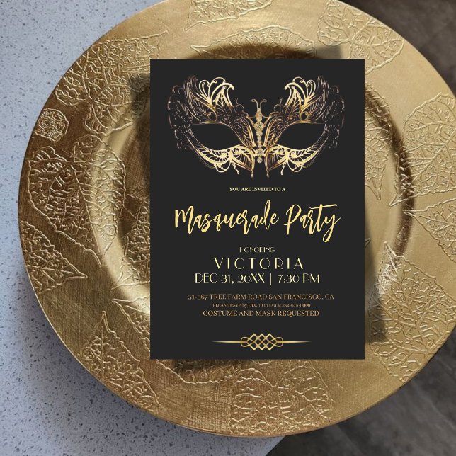 Elegant Black Gold Masquerade Party Birthday Invitation (Creator Uploaded)