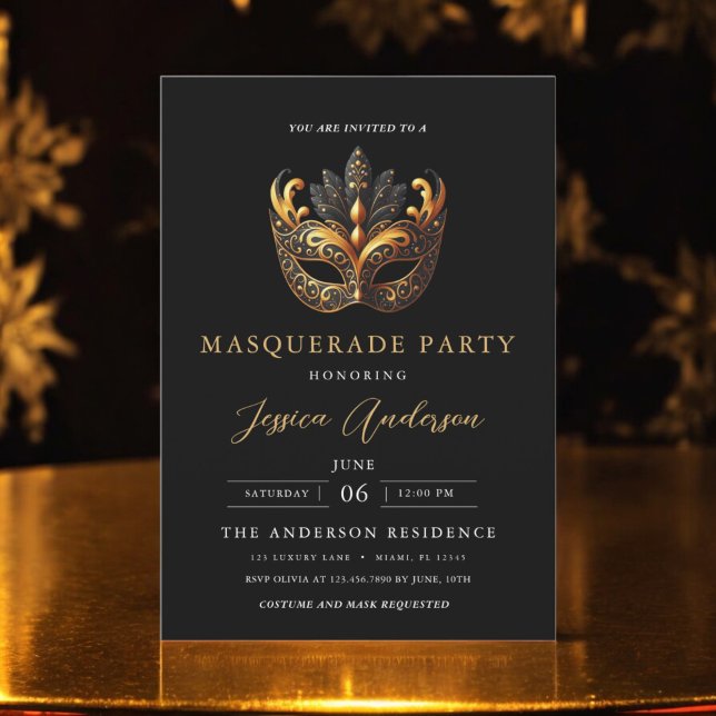 Elegant Black Gold Masquerade Party Birthday Invitation (Creator Uploaded)