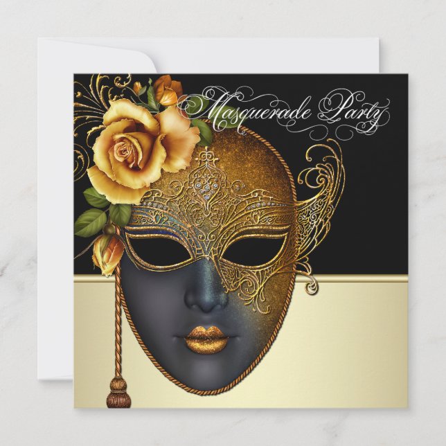 Elegant Black Gold Masquerade Party Invitations (Front)