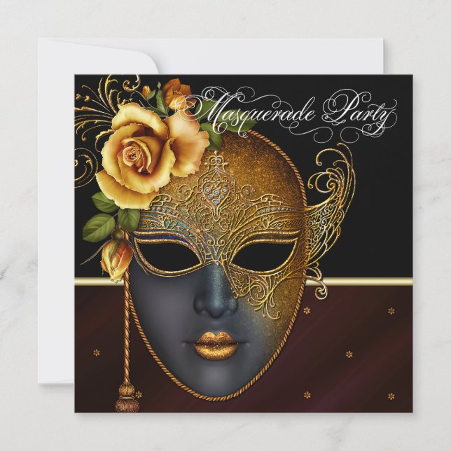 Elegant Black Gold Masquerade Party Invitations (Front)