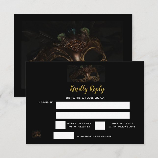 Elegant Black Gold Masquerade Sweet 16th Birthday  RSVP Card (Front/Back)