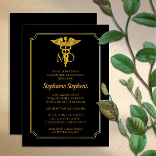 Elegant Black   Gold MD Physician Graduation Party Invitation