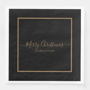 Elegant black gold Merry Christmas family name Napkin