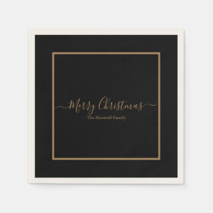Elegant black gold Merry Christmas family name Napkin