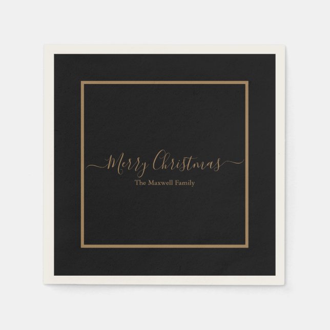 Elegant black gold Merry Christmas family name Napkin (Front)