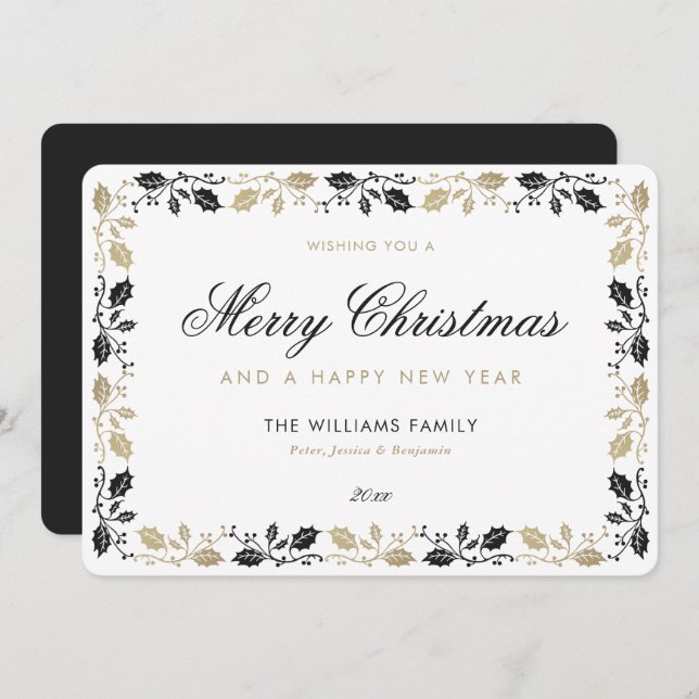 Elegant Black Gold Merry Christmas Happy New Year Holiday Card (Front/Back)