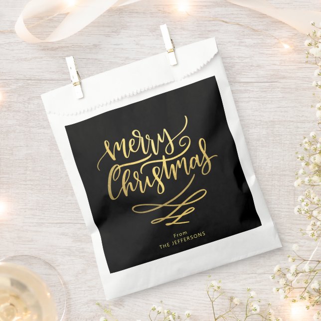 Elegant Black & Gold Merry Christmas Script Favour Bag (Clipped)