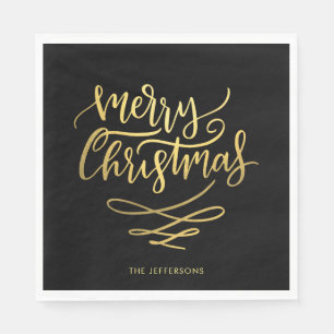 Elegant Black & Gold Merry Christmas Script Paper Napkin