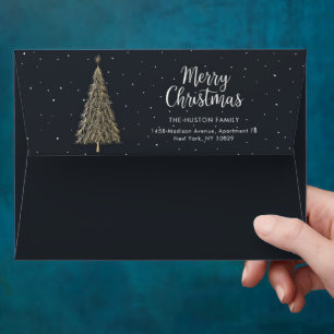 Elegant Black & Gold Merry Christmas Tree Envelope
