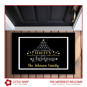 Elegant Black Gold Merry Little Christmas Monogram Doormat
