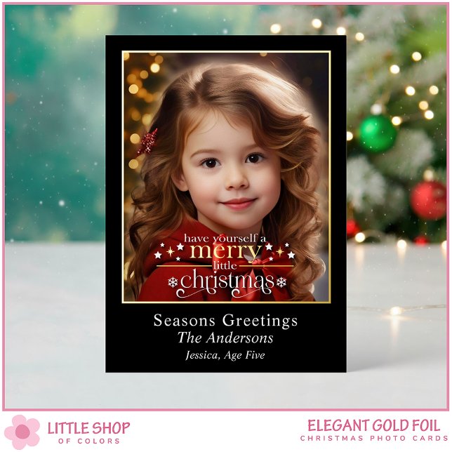 Elegant Black Gold Merry Little Christmas Photo Foil Holiday Card (Creator Uploaded)