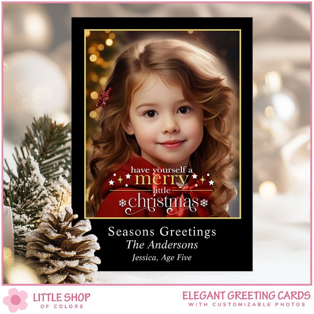 Elegant Black Gold Merry Little Christmas Photo Holiday Card (Creator Uploaded)