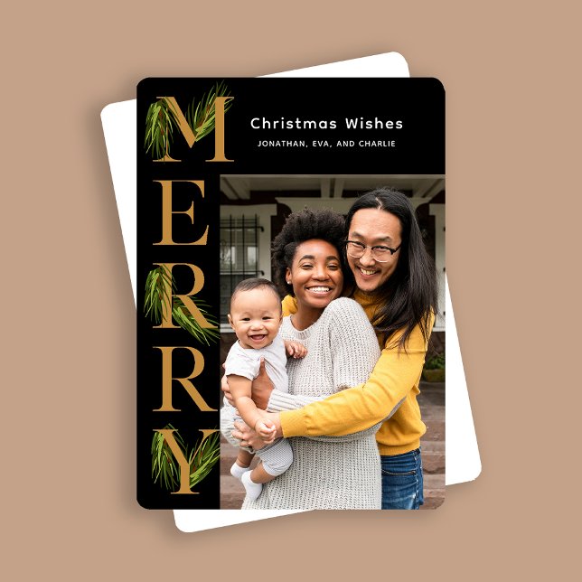 Elegant Black Gold Merry Pine Photo Christmas  Holiday Card (Creator Uploaded)