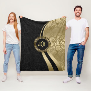 Elegant Black & Gold Metallic Floral Damasks Fleece Blanket