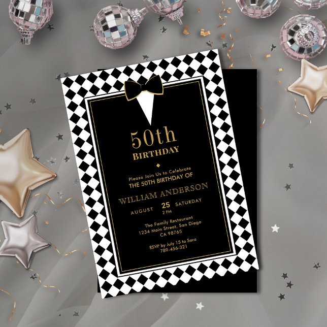 Elegant Black & Gold Milestone Age Tuxedo Birthday Invitation (Elegant Black & Gold Milestone Age Tuxedo Birthday Invitation)