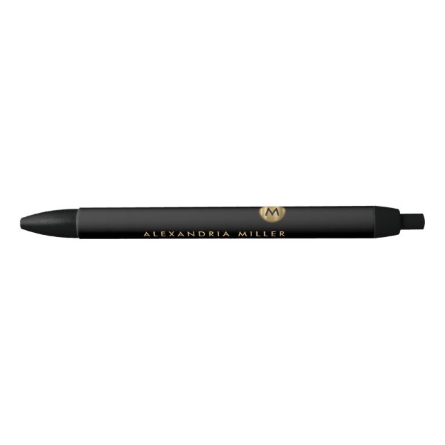 Elegant Black Gold Minimal Monogram Ink Pen (Front)