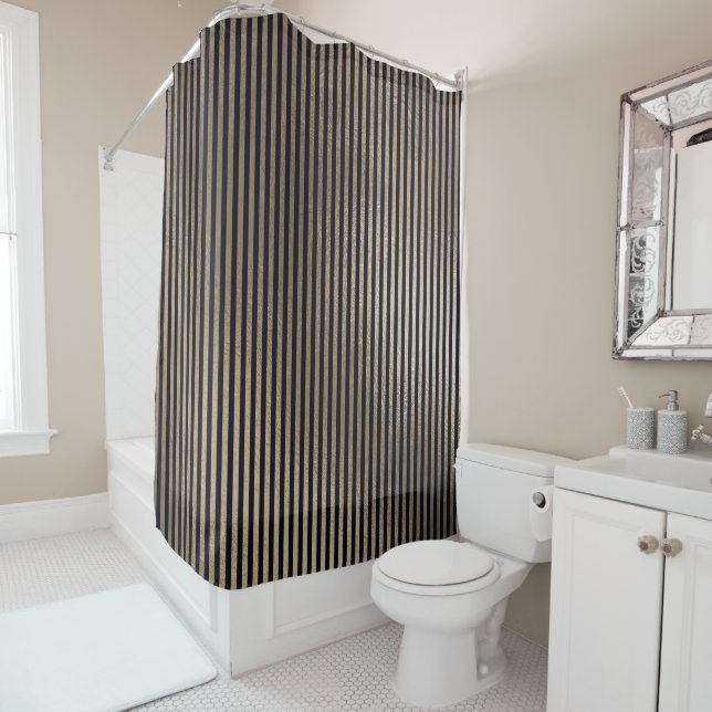Elegant Black Gold Minimal Stripes Lines Shower Curtain (In Situ)