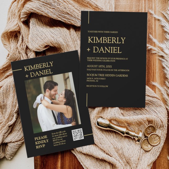 Elegant Black Gold Minimal Wedding QR Code Photo Invitation (Creator Uploaded)
