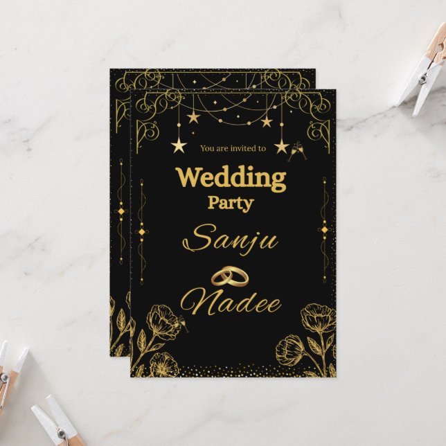 Elegant Black & Gold Minimalist Wedding Invitation (Front/Back In Situ)