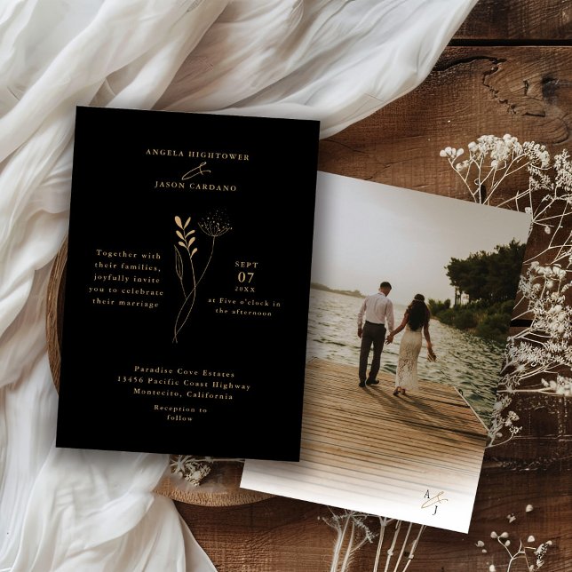 Elegant Black Gold Minimalist Wedding Photo Invitation (Creator Uploaded)