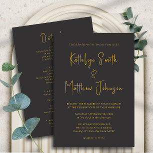 Elegant Black Gold Modern All In One Wedding Invitation