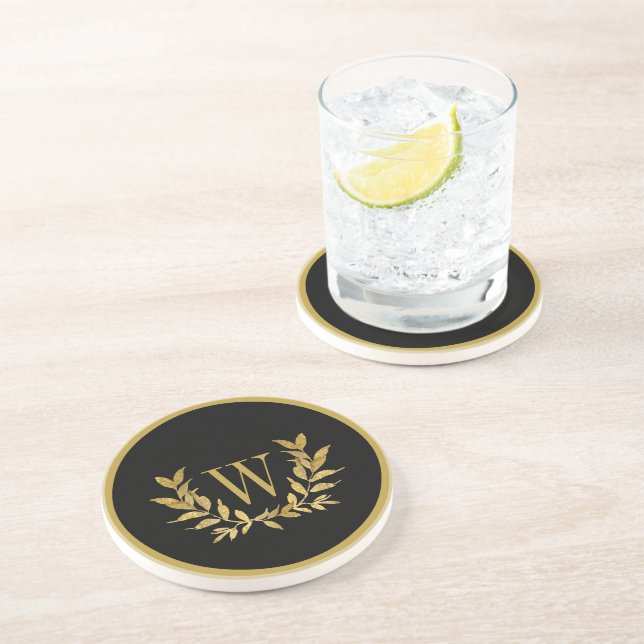 Elegant Black Gold Modern Monogram Chic Coaster (Side)