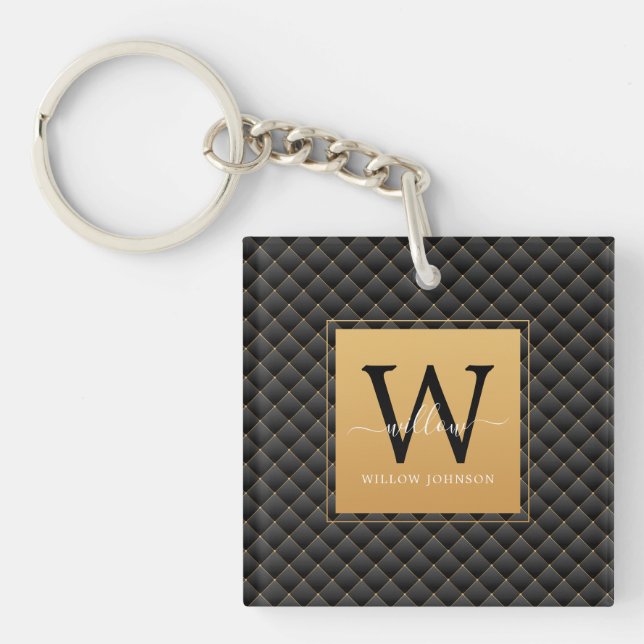 Elegant Black Gold Modern Monogram Initial Script Key Ring (Front)