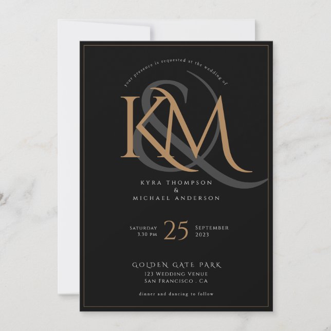 Elegant Black Gold Modern Script Monogram Wedding  Invitation (Front)