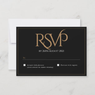Elegant Black Gold Modern Script Monogram Wedding RSVP Card