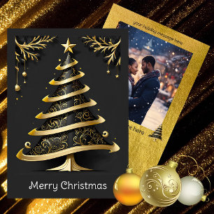 Elegant Black Gold Modern Tree Photo Christmas Holiday Card