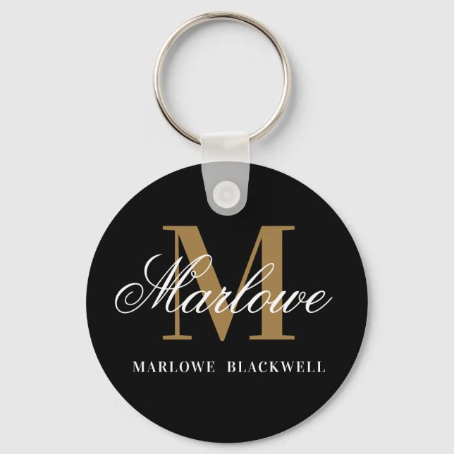 Elegant Black Gold Monogram Calligraphy Key Ring (Front)