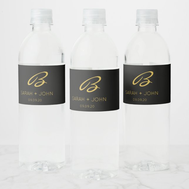 Elegant Black & Gold Monogram Calligraphy Name  Water Bottle Label (Bottles)