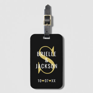 Elegant Black Gold Monogram Couple Names Luggage Tag
