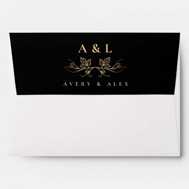 Elegant Black Gold Monogram Crest Wedding Crest E Envelope (Back (Top Flap))