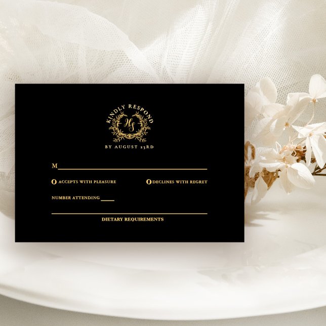 Elegant Black/Gold Monogram Crest Wedding RSVP Card (Creator Uploaded)