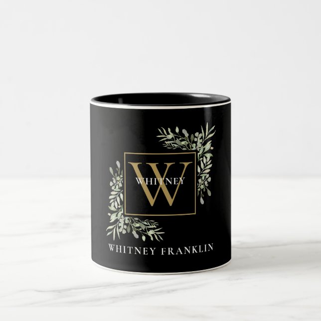 Elegant Black Gold Monogram Eucalyptus Greenery Two-Tone Coffee Mug (Center)