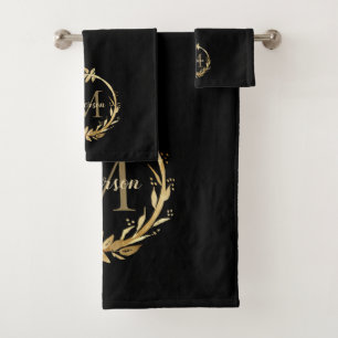 Elegant Black Gold Monogram Eucalyptus Wreath Bath Towel Set