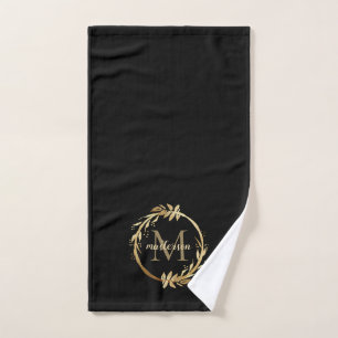 Elegant Black Gold Monogram Eucalyptus Wreath Hand Towel