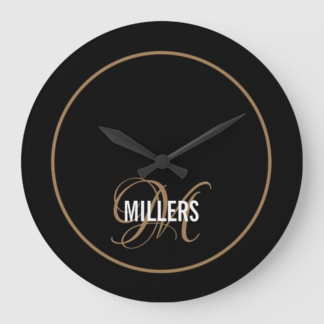 Elegant black gold monogram family name  large clock (Front)