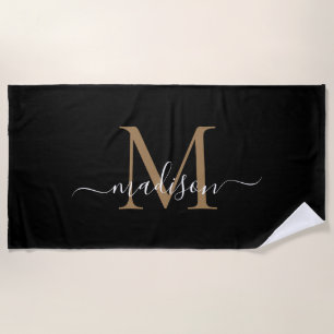 Elegant Black Gold Monogram Feminine Girly Script Beach Towel
