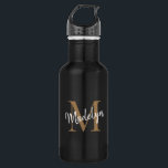 Elegant Black Gold Monogram Feminine Script Name 532 Ml Water Bottle<br><div class="desc">Elegant Black Gold Monogram Feminine Script Name Stainless Steel Water Bottle. Easily personalise this modern elegant stainless steel water bottle with your custom monogram and name.</div>