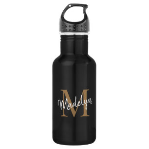 Elegant Black Gold Monogram Feminine Script Name 532 Ml Water Bottle