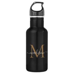 Elegant Black Gold Monogram Feminine Script Name 532 Ml Water Bottle
