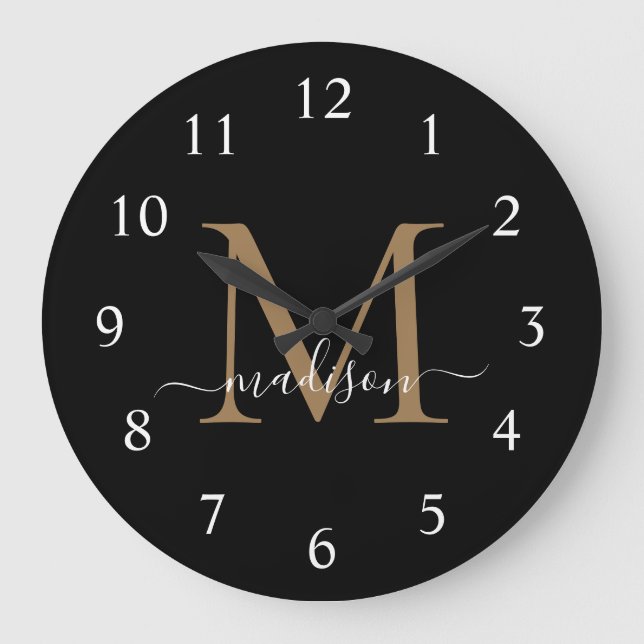Elegant Black Gold Monogram Feminine Script Name Large Clock (Front)
